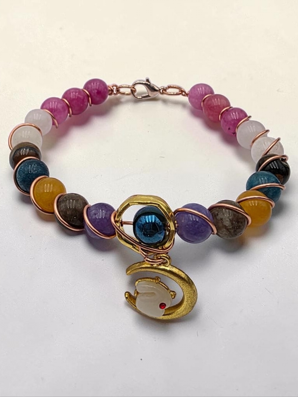 Handmade Multicolor Beaded Moon Charm Bracelet – Boho Dainty Jewelry